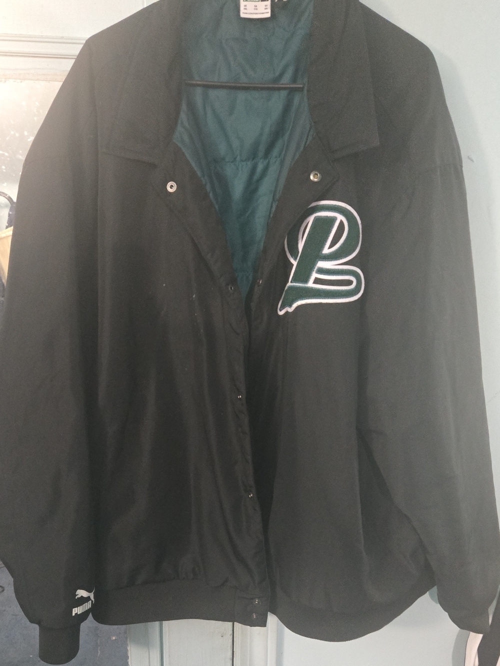 Puma Black Jacket with Green Lining and Embroidered 'P' Patch